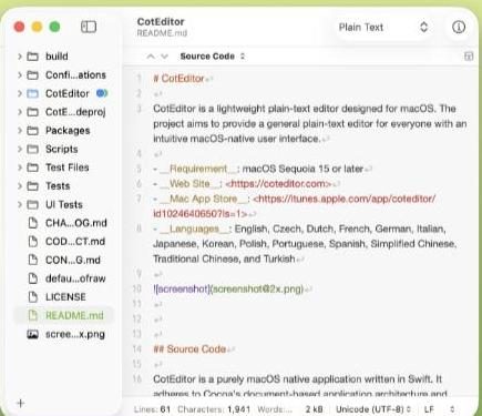 CotEditor lightweight text editor screenshot